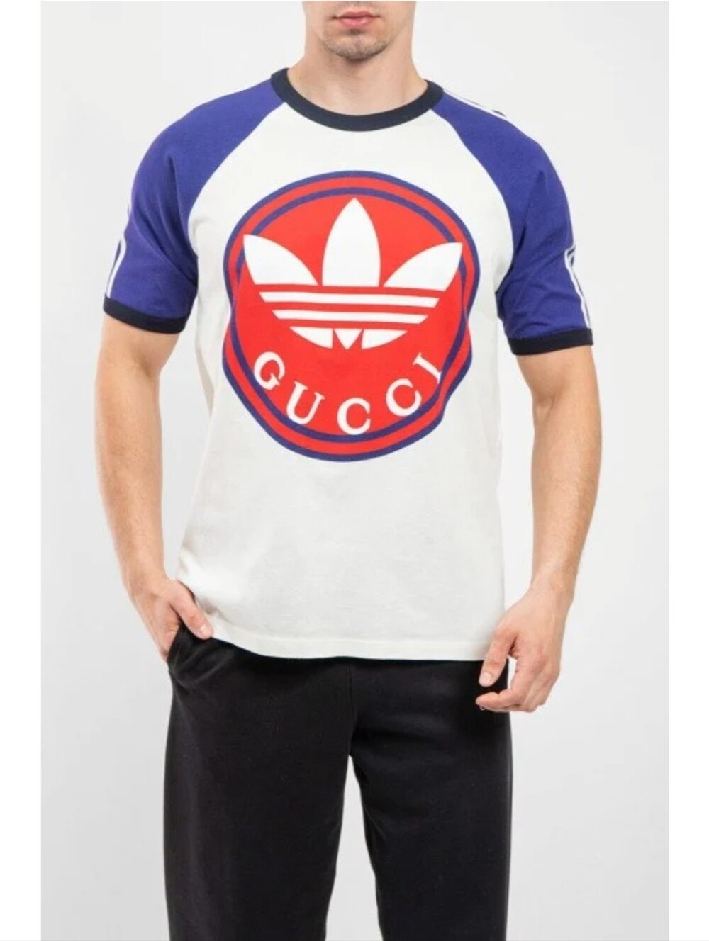 Gucci White Tee with Blue Sleeves and Red Logo Size M